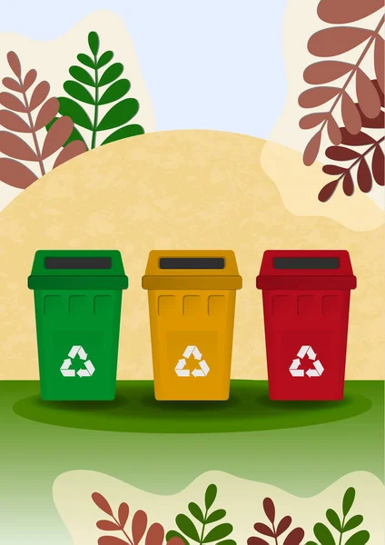 ごみの別のコレクション 廃棄物 植物のための明るい色のゴミ容器 生態学の概念 バナー カバー ウェブサイトのページのデザイン ベクターイラスト — ストックベクタ