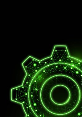 Parlayan dişli simgesi, arka planda siyah bir fonda parlama etkisi yaratıyor. Şebeke dişli simgesi parlak çokgen ağ çerçevesi. Tasarımınız için vektör illüstrasyonu.Arka planda parlak efektli vites simgesi. Izgara dişli simgesi parlak poli