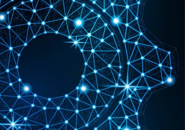 Siyah arka planda parlak efektli parlak dişli simgesi. Şebeke dişli simgesi parlak çokgen ağ çerçevesi. Tasarımınız için vektör illüstrasyonu.