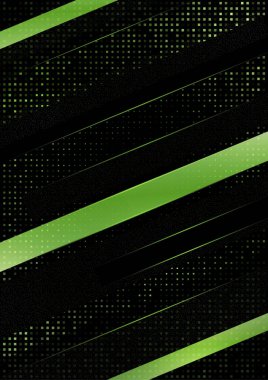 Soyut eğimli çizgiler, yarım ton kareler ve siyah bir arkaplan. Yeşil eğim, küçük parçacıklar. Kapak tasarımı için evrensel şablon, kartvizit, broşür. Vektör illüstrasyonu