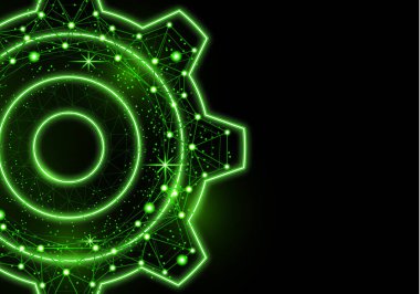 Siyah arka planda parlak efektli parlak dişli simgesi. Şebeke dişli simgesi parlak çokgen ağ çerçevesi. Vektör.