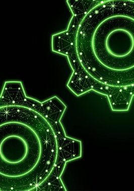 Siyah arka planda parlak efektli parlak dişli simgesi. Şebeke dişli simgesi parlak çokgen ağ çerçevesi. Vektör.