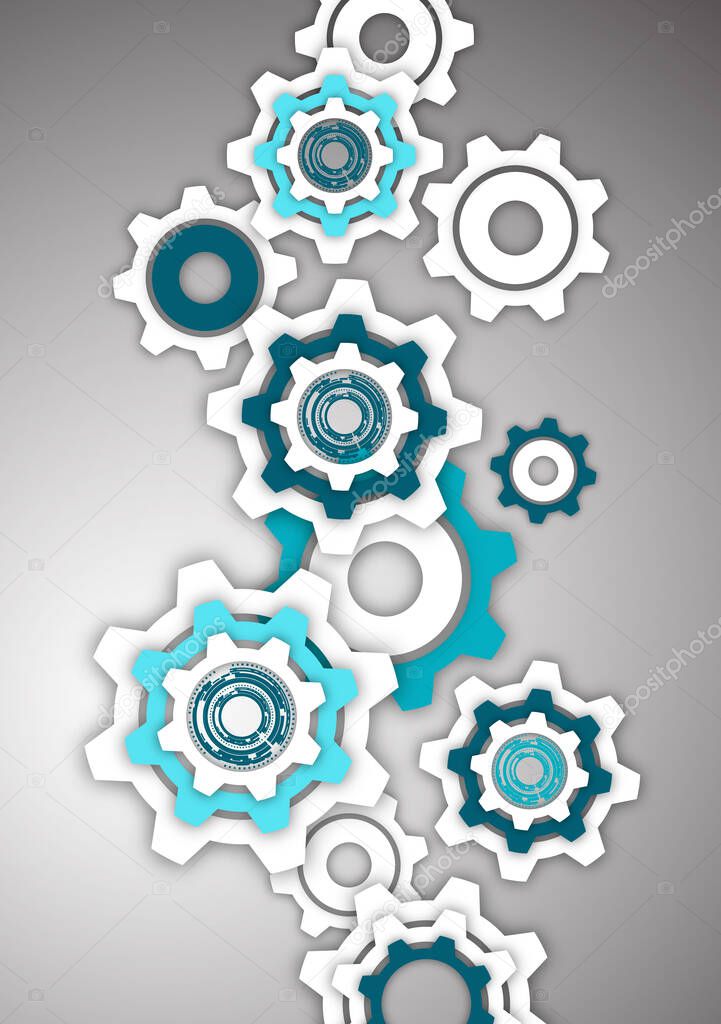 Tech background with colored gears, modern cover template. Place for text. Vector illustration for your design.