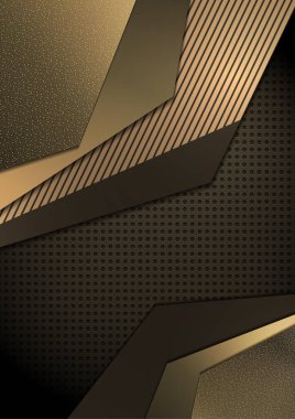 Parlak soyut kompozisyon, geometrik şekiller, çakışma, çizgiler, noktalar, delinmiş koyu arkaplan. Altının renkleri. Şirket tasarımınız için modern şablon. Vektör