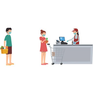 Bir grup insan markette sosyal mesafeli kuyruk oluşturuyor.