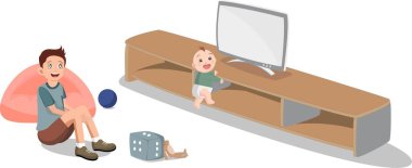 Genç kardeşiyle televizyon izleyen çocuklar vektör illüstrasyonları