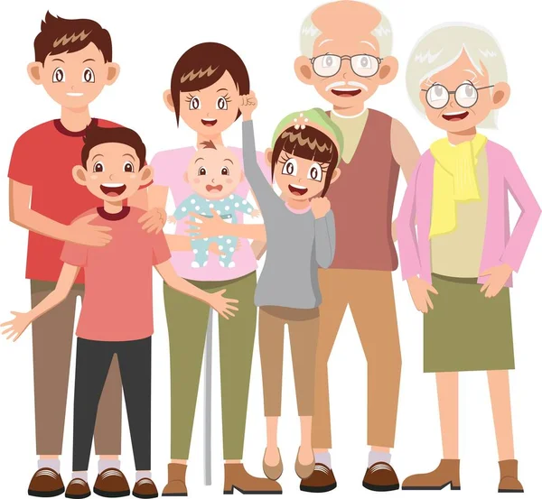 Aile pozu, baba, anne, oğul, kız, bebek, büyükbaba ve büyükanne vektör illüstrasyonu