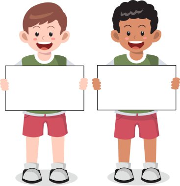 2 erkek öğrenci boş küçük beyaz tahta vektör çizimi tutuyor