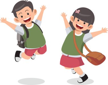 Erkek ve kız öğrenci, mutluluk vektörü çizimi ile birlikte atlıyorlar.