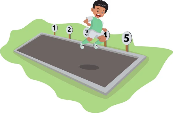 Sporty boy is doing long jump and he try to reach the longest distance