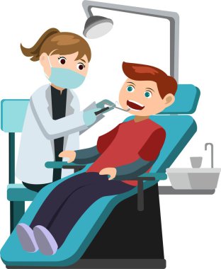 Dişçi, erkeklerin diş vektör çizimlerini kontrol ediyor.