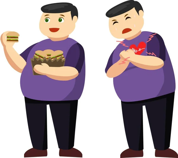 Genç adam abur cubur yemeyi seviyor ve kalp hastalığı taşıyıcı illüstrasyonu var.