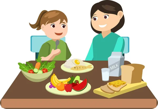 Anne ve kızı yemek odasında oturuyorlar ve sağlıklı bir yemek yiyorlar.