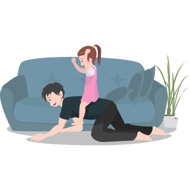 Babam, kızıyla oturma odasında ata binme oyunu oynuyor.