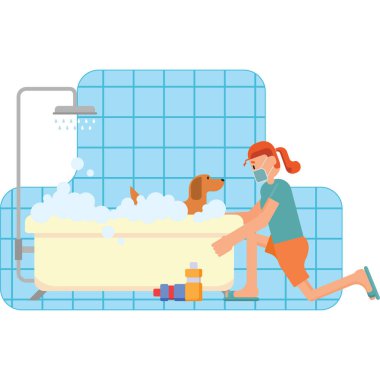 Bir kadın banyoda köpeğini yıkıyor.