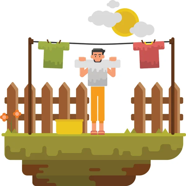 Ein Mann Wäscht Seine Wäsche Und Hängt Sie Auf Den — Stockfoto