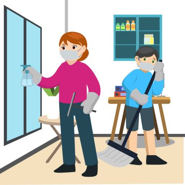 Anne ve oğlu evi temizliyor.