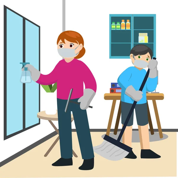 Anne ve oğlu evi temizliyor.