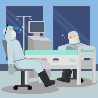 Tıbbi personel bütün gün çalıştıktan sonra dinleniyor.