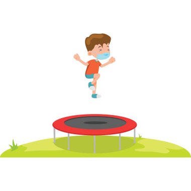 Trambolinde atlarken tıbbi maske takan bir çocuk.