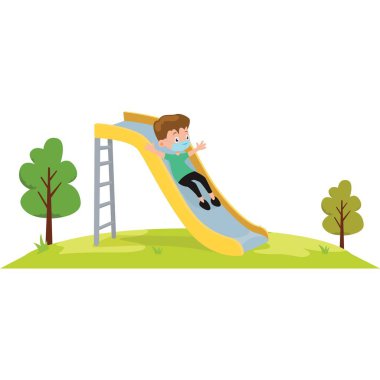 Slayt çiziminde oynarken tıbbi maske kullanan bir çocuk.