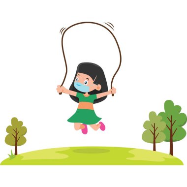 İp atlama oynarken tıbbi maske takan bir kız.