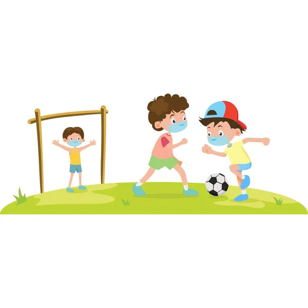 Meninos Estão Usando Máscara Médica Jogar Bola Juntos Campo Ilustração — Fotografia de Stock