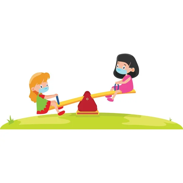 Девушки Играют Помощью Медицинской Маски Время Качели Вместе Иллюстрации — стоковое фото