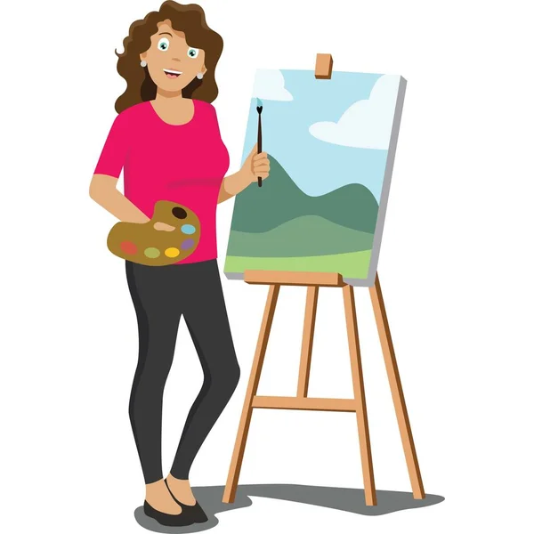 Kadın tuvale bir resim çiziyor.