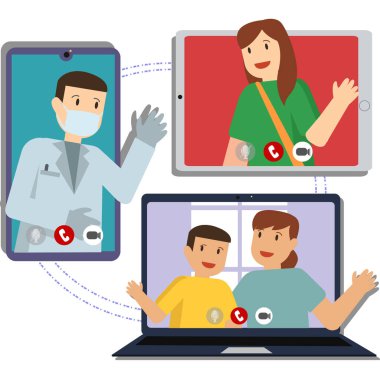 Diğer insanlarla görüntülü konuşma yapan bir doktor.