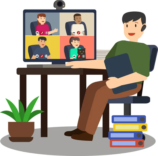İş arkadaşlarıyla görüntülü görüşme yapan bir adam.