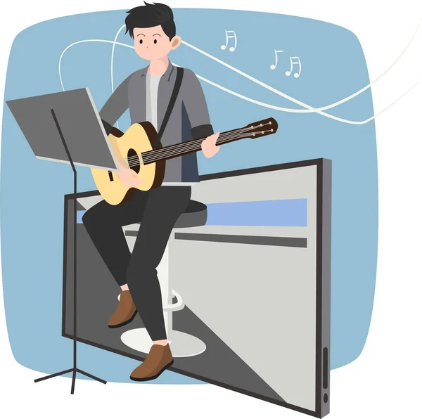 Man Student Lärande Gitarr Online Illustration — Stockfoto