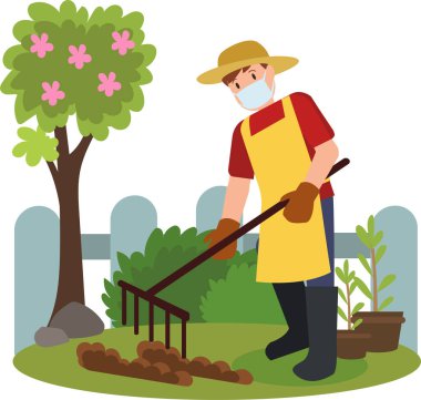 Bahçeye ekmek için toprak kazan bir adam.