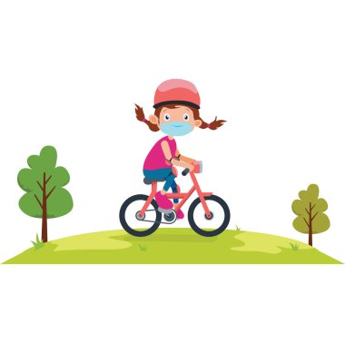 Tıbbi maske takan bir kız tek başına sahada bisiklet sürüyor.