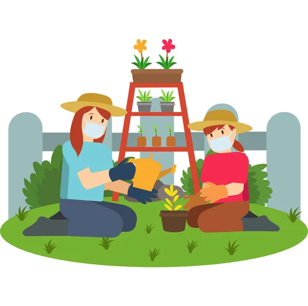 母と娘は一緒に庭を作っている — ストック写真