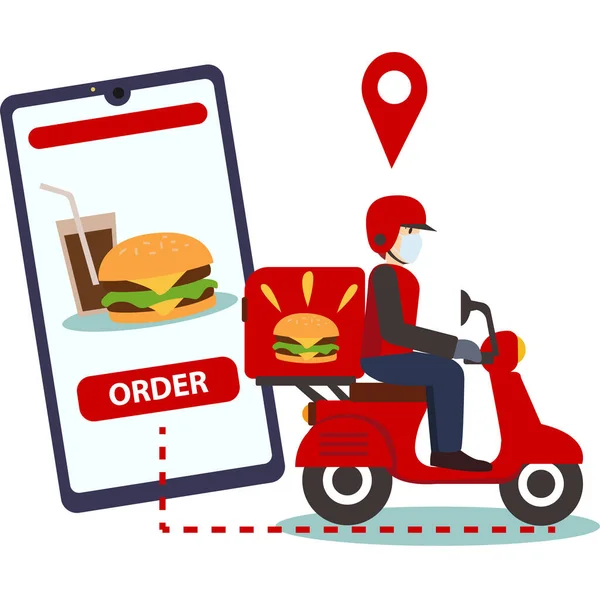 Çevrimiçi sipariş illüstrasyonu için fast food getiren bir teslimatçı.