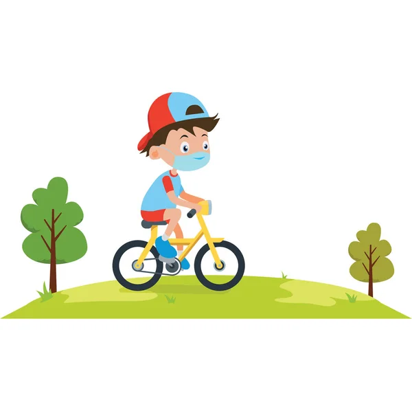 Boy Cycling Alone Field While Using Medical Mask — Stock Photo, Image