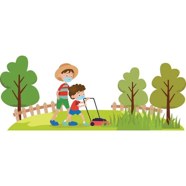 Baba ve oğlu birlikte bahçeyi biçiyorlar.