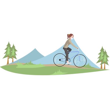 Tıbbi maske takan bir kadın dışarıda tek başına bisiklet sürüyor.