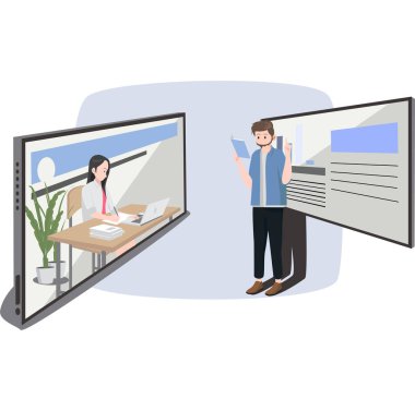 Bir erkek öğretmen öğrencisine online illüstrasyon öğretiyor.