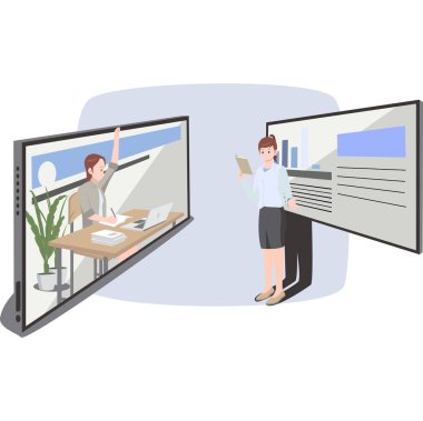 Bir kadın öğretmen öğrencisine online illüstrasyon öğretiyor.