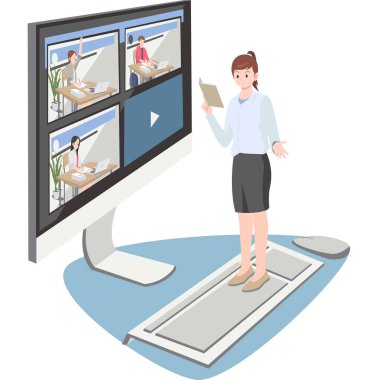 Bir kadın öğretmen öğrencisine online illüstrasyon öğretiyor.