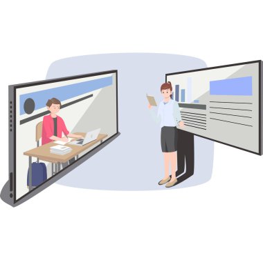 Kadın öğretmen öğrencisine internetten öğretiyor.