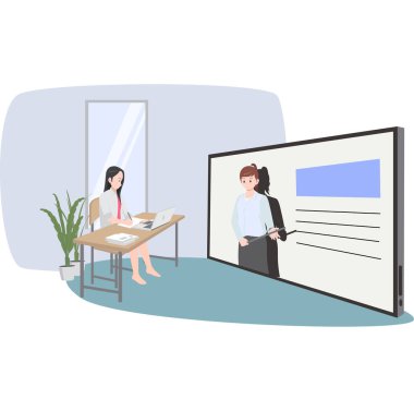 Bir kadın öğretmeniyle online ders yapıyor.