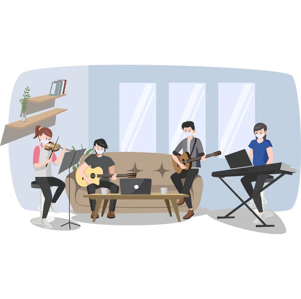 Csoport Zenekar Játszik Hangszerek Együtt Otthon — Stock Fotó