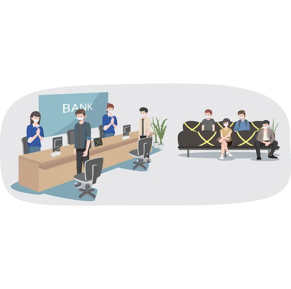 İnsanlar bankada kuyruğa girerken mesafelerini koruyorlar.