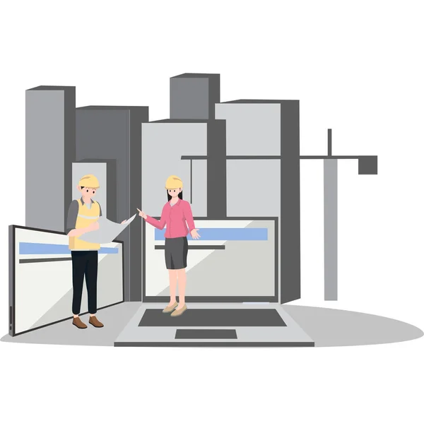 Çevrimiçi illüstrasyonla patronuna acc inşa etmek isteyen bir adam.