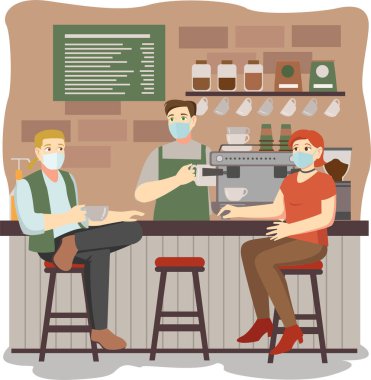 İnsanlar kafeteryada kalırken tıbbi maske kullanıyorlar.