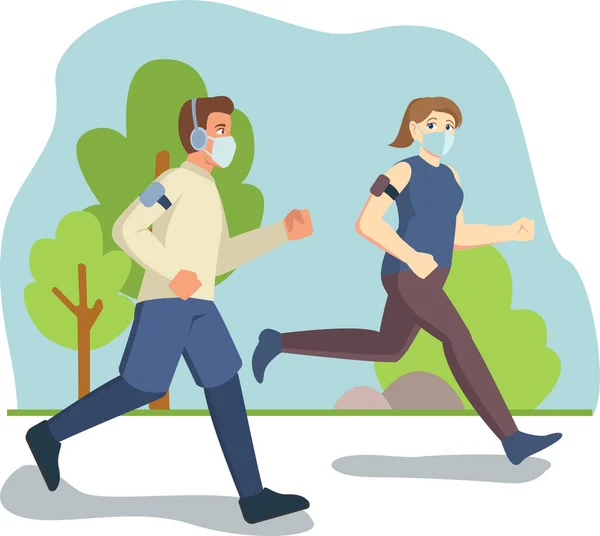 医療マスクを使用している間に男と女が一緒にジョギングしている — ストック写真
