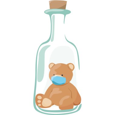 Cam şişedeki sevimli oyuncak ayı. Salgın için maske takıyor.